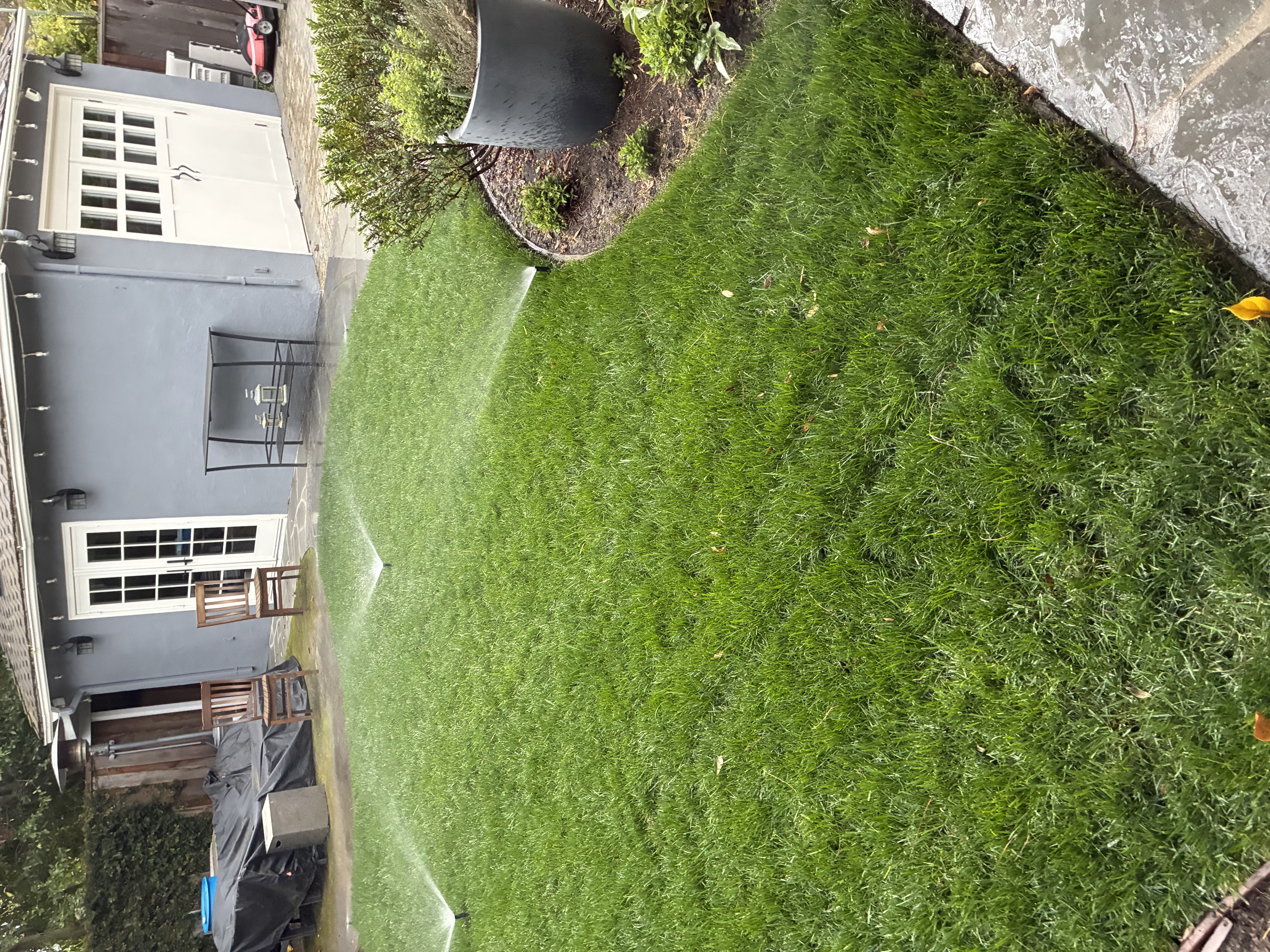 Sprinkler system watering a lush green lawn
